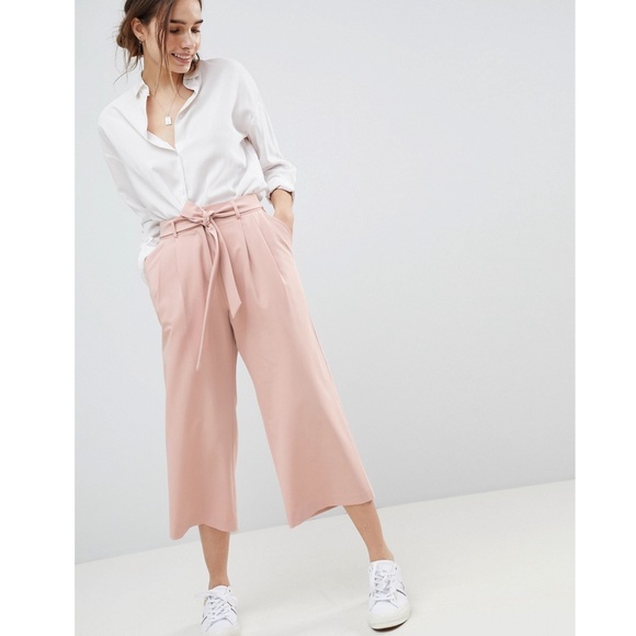 Asos Light Pink Culottes Tie Belt High Waist - Picture 1 of 16